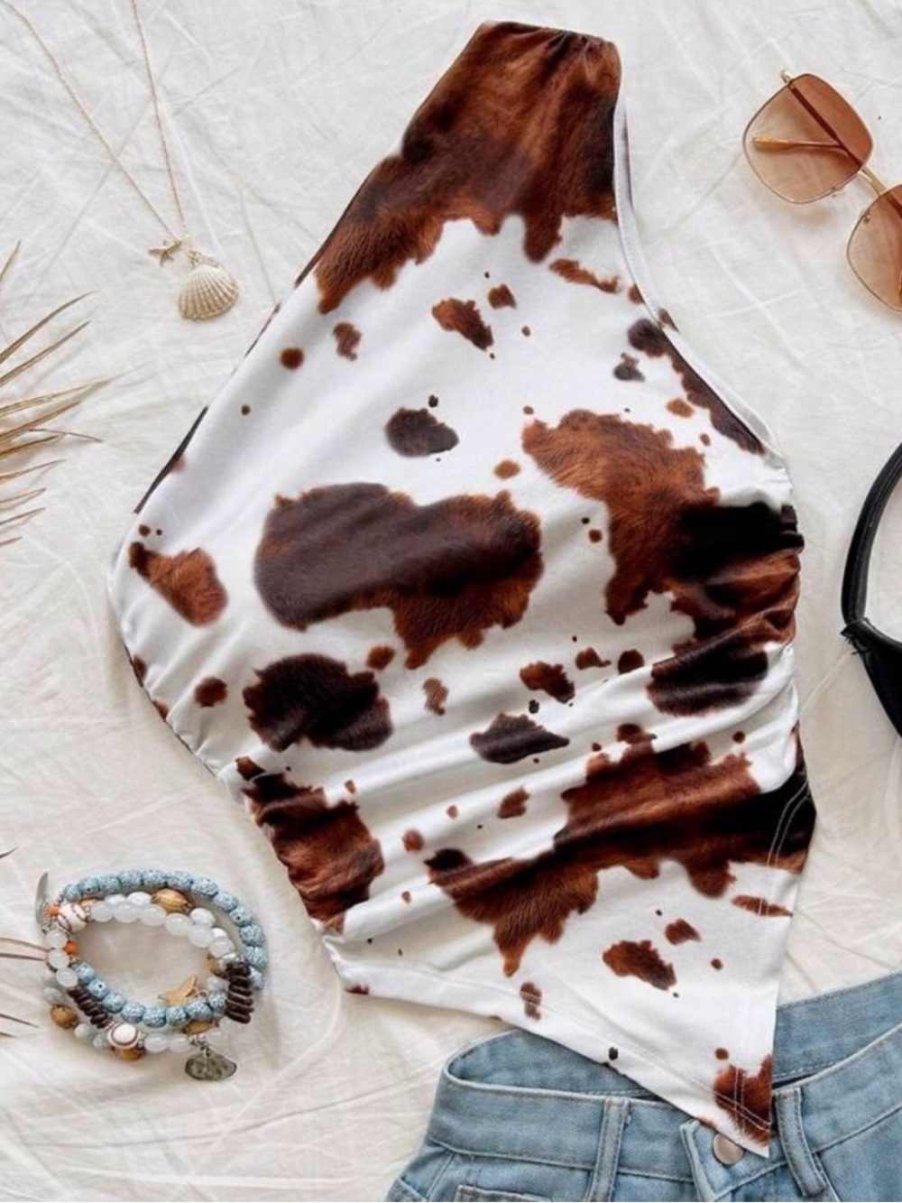 SHEIN Brown and White Cow-Print One-Shoulder Camisole
